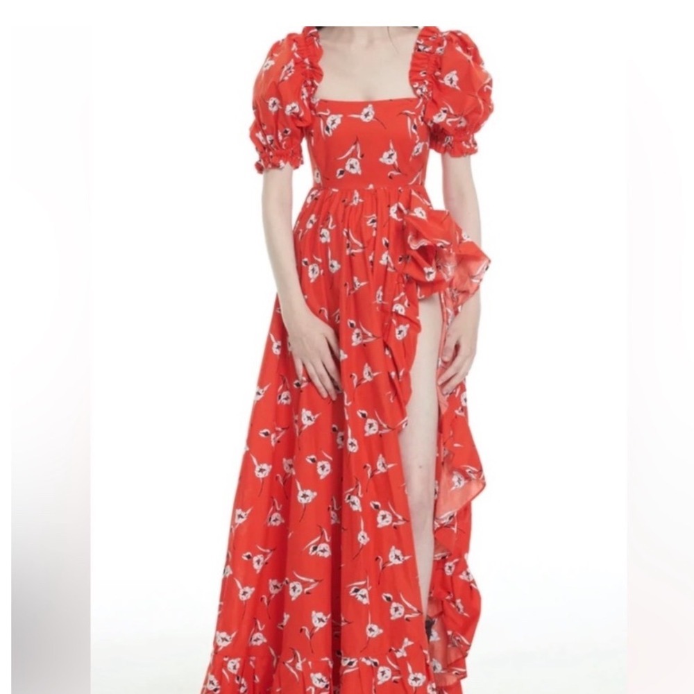 Selkie Red Floral Puff Sleeve Maxi Dress Square Neck‎ Ruffle Skirt M Gown Cotton